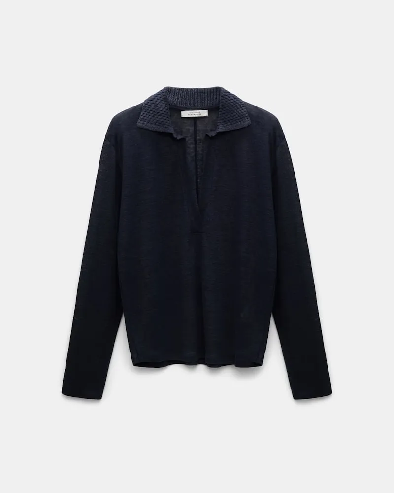 Dorothee Schumacher Langarmshirt aus Hanf mit geripptem Strickkragen Blau