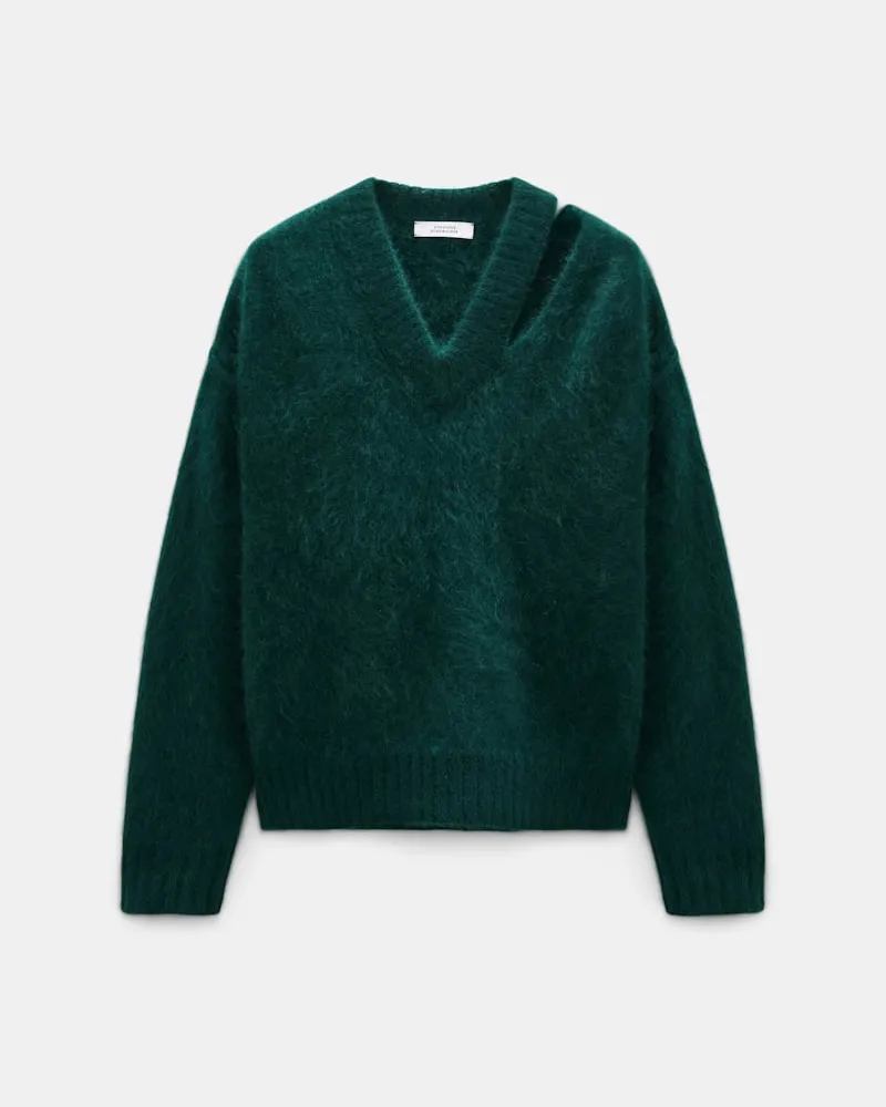 Dorothee Schumacher Fluffy Pullover mit V-Ausschnitt aus Merino und Kaschmir Grün