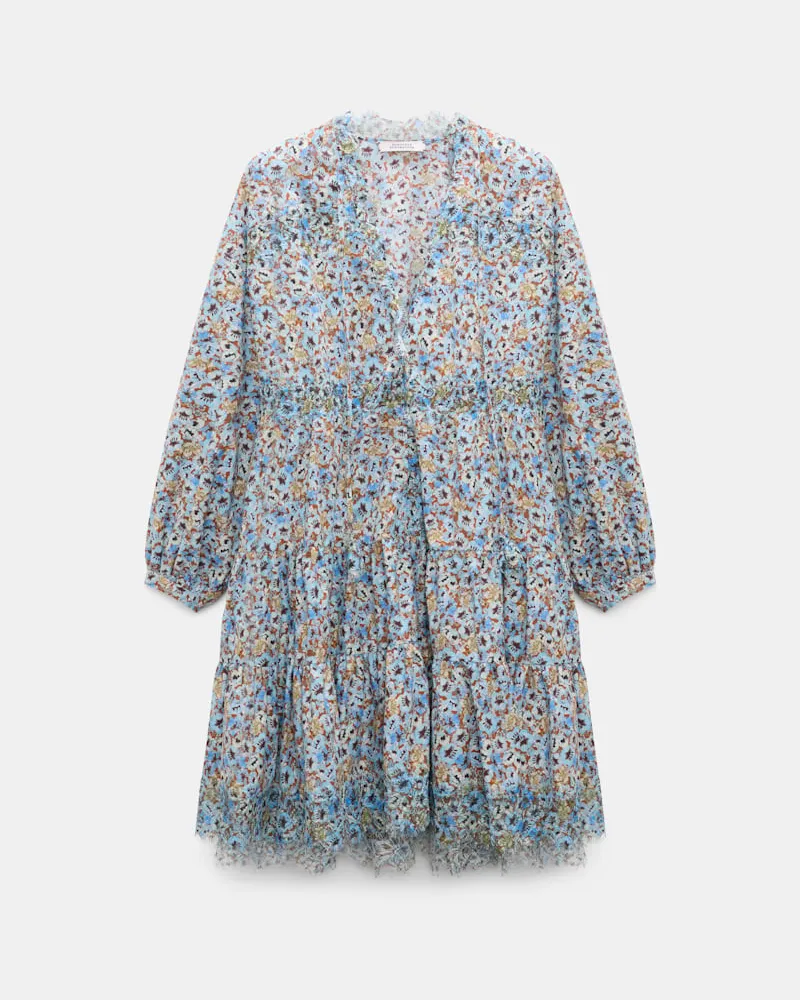 Dorothee Schumacher Kurzes voluminöses Kleid mit Spizendetails im Signature Print aus Baumwolle Blau