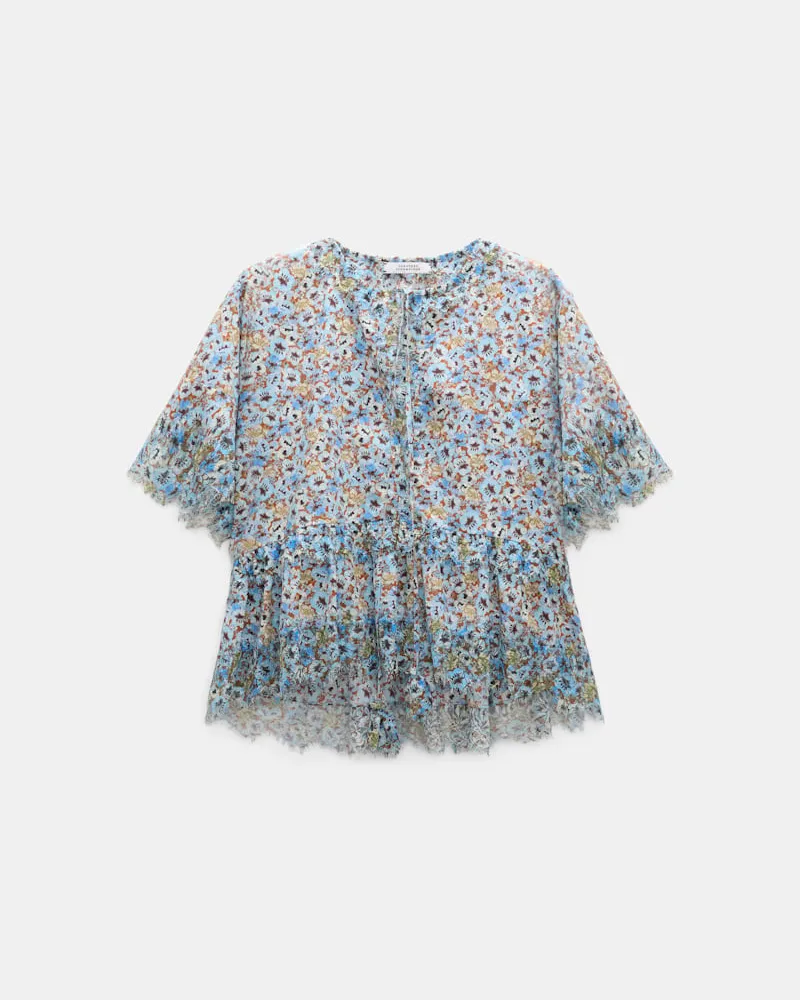 Dorothee Schumacher Boxy Top mit Spizendetails im Signature Print aus Baumwolle Blau