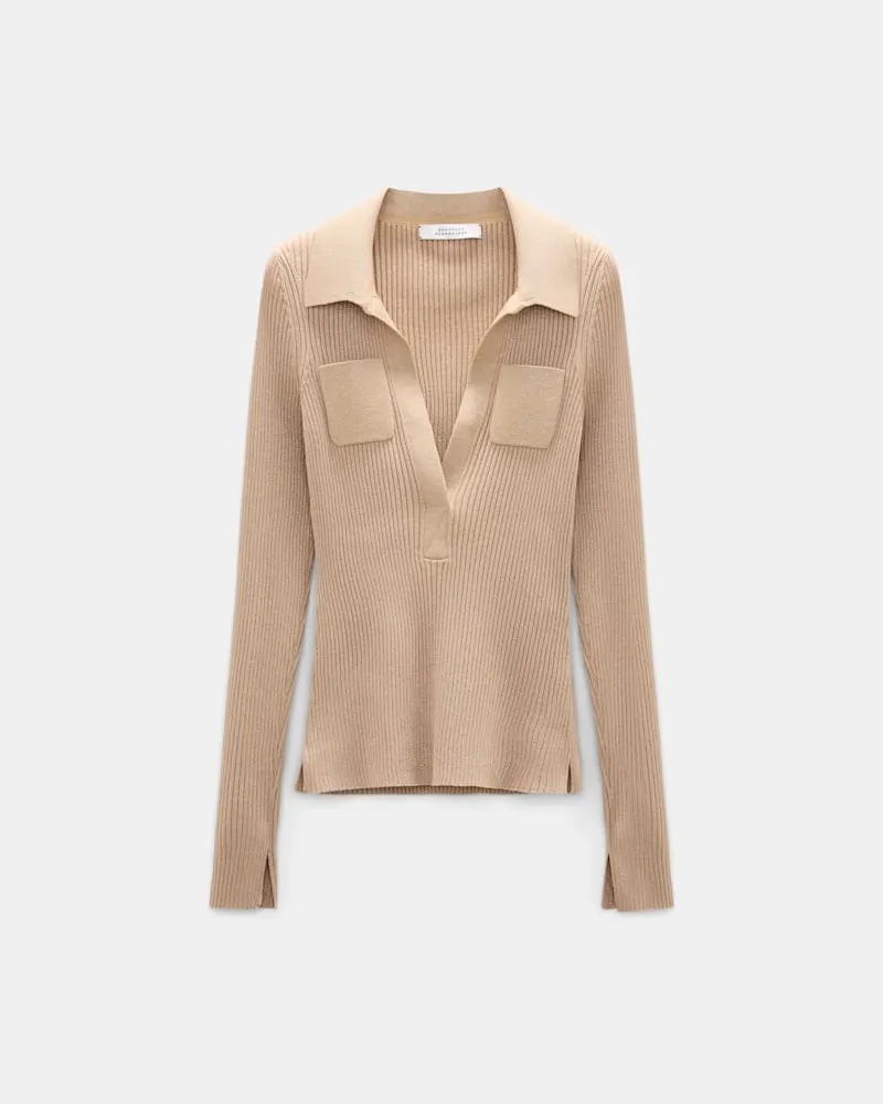 Dorothee Schumacher Pullover mit Polokragen aus einem Merino-Lurex-Mix Beige