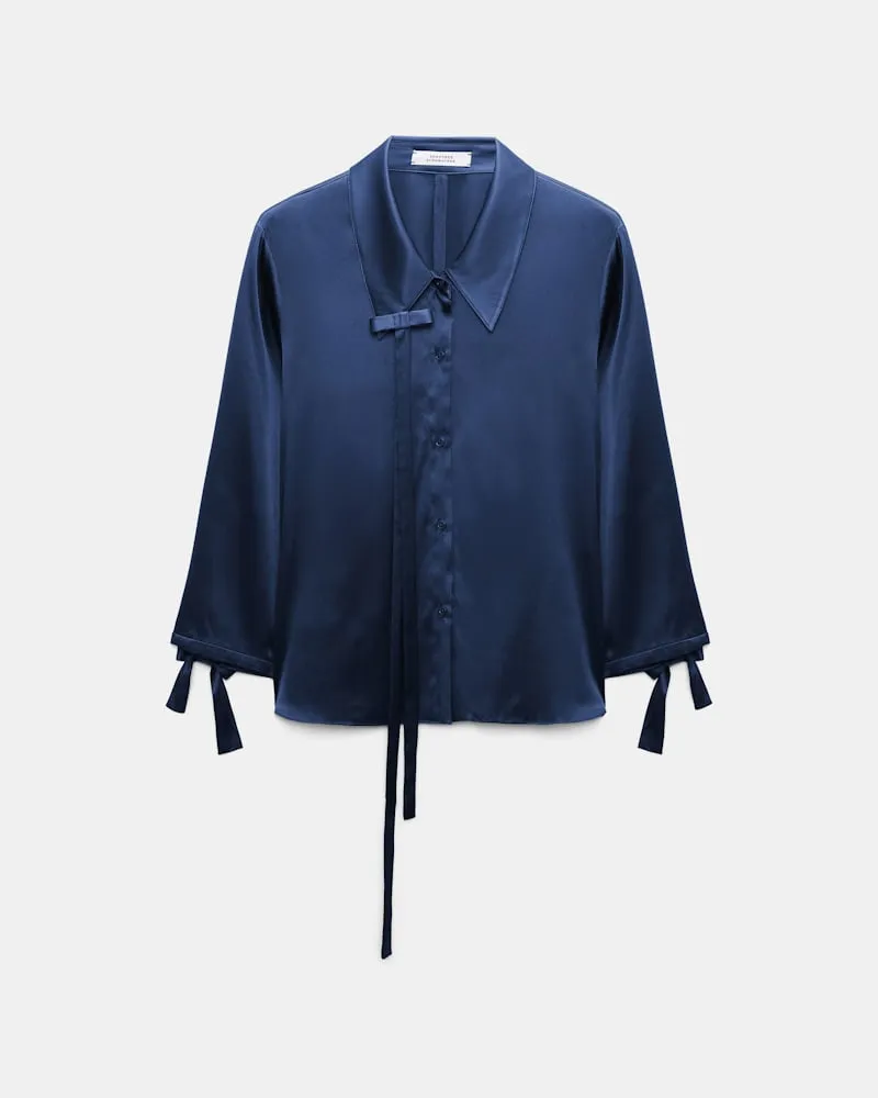 Dorothee Schumacher Bluse aus Seiden-Stretch-Satin mit Schleifen-Details Blau