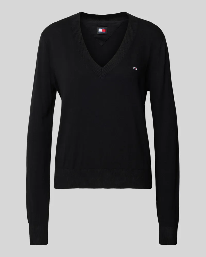 Tommy Hilfiger Pullover mit V-Ausschnitt und Logo-Stitching Black