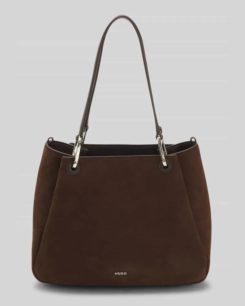 HUGO BOSS Henkeltasche in Velours-Optik mit Leder-Anteil Dunkelbraun