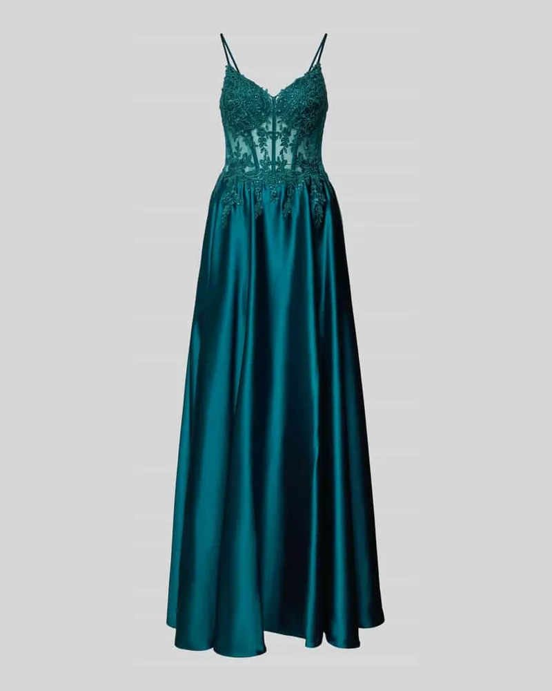 LUXUAR Abendkleid aus Satin mit Spitzenbesatz Petrol