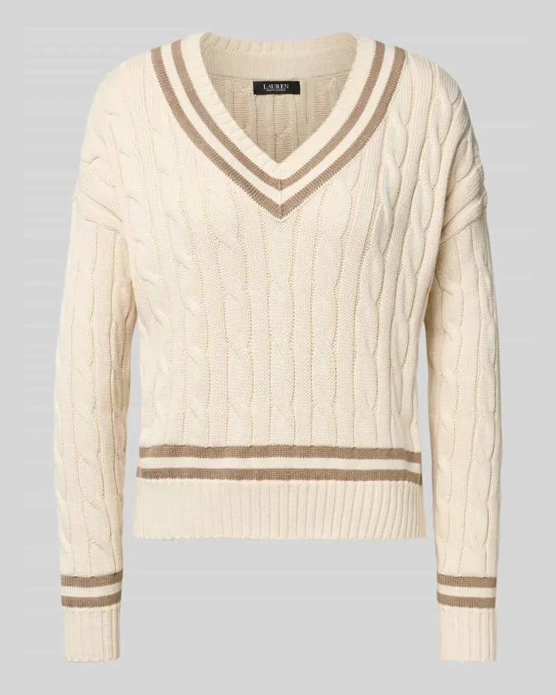 Ralph Lauren Strickpullover mit Zopfmuster und V-Ausschnitt Modell 'TEDURPH Beige