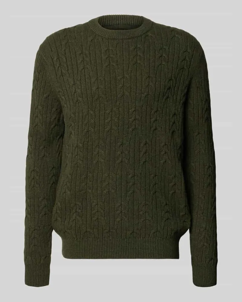 Fynch-Hatton Strickpullover aus Baumwoll-Woll-Mix mit Zopfmuster Khaki