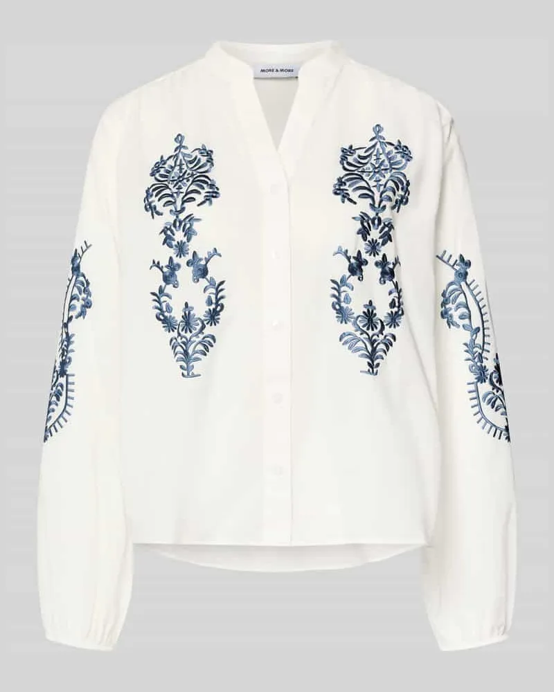 More & More Regular Fit Bluse mit floralem Stitching Modell 'Februar Offwhite