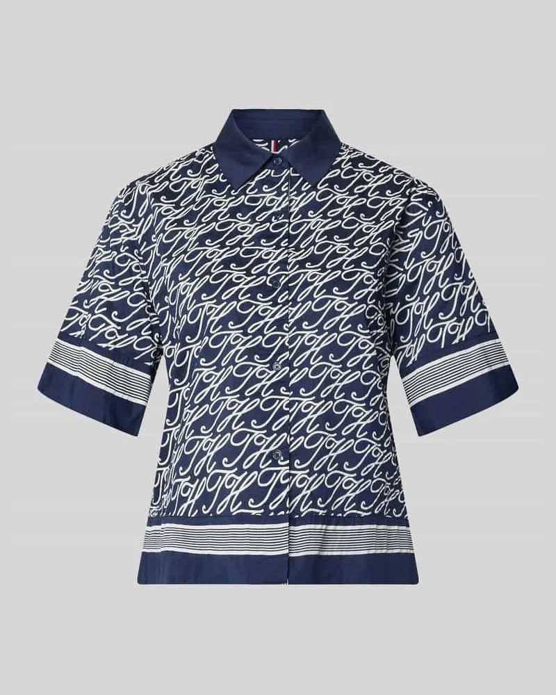 Tommy Hilfiger Loose Fit Kurzarmbluse aus Baumwoll-Seiden-Mix Modell 'TH SCRIPT PREPPY NAVY Ecru