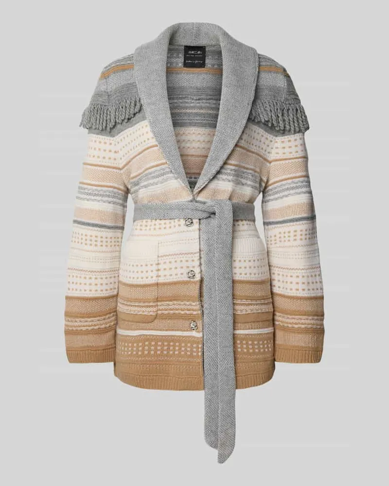 Marc Cain Regular Fit Strickjacke aus Schurwoll-Mix mit Bindegürtel Hellgrau