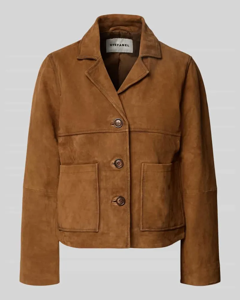 Stefanel Regular Fit Lederjacke mit aufgesetzten Taschen Hellbraun