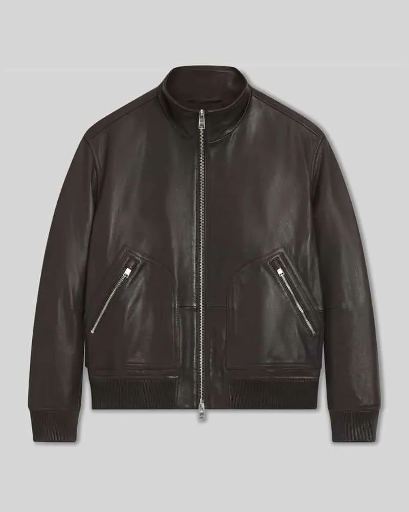 HUGO BOSS Regular Fit Lederjacke mit Stehkragen Modell 'MANDER Dunkelbraun