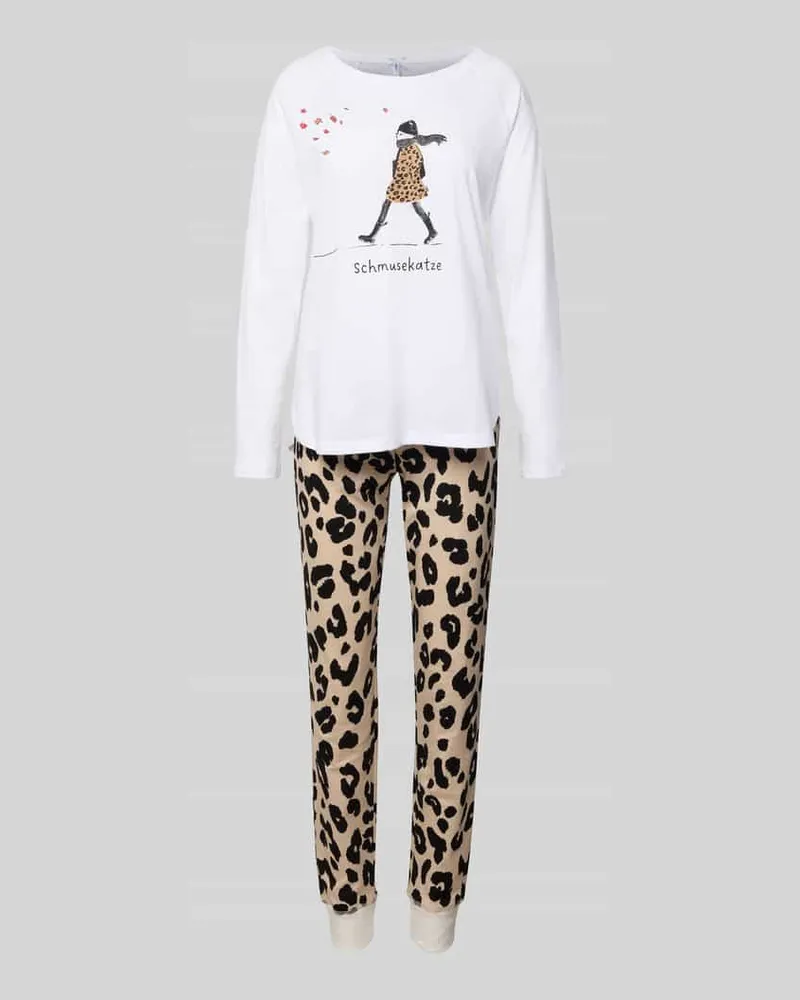 Louis & Louisa Pyjama mit Motiv-Print Modell 'Schmusekatze Offwhite
