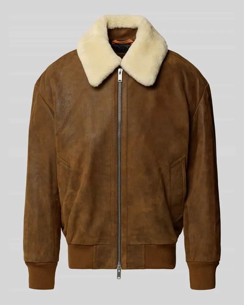 HUGO BOSS Regular Fit Lederjacke mit abnehmbarem Lammfellkragen Modell 'JONIER Schoko