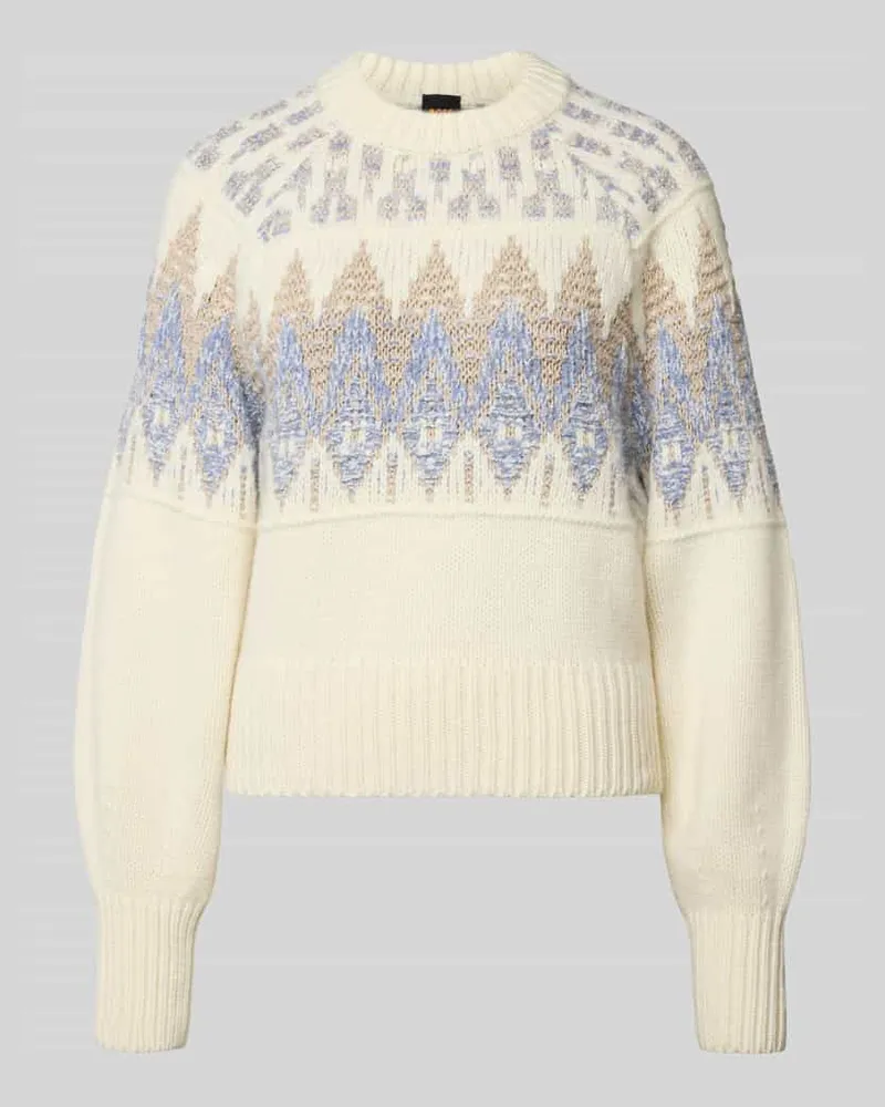 HUGO BOSS Regular Fit Strickpullover aus Woll-Mix Modell 'FAROMBO Ecru