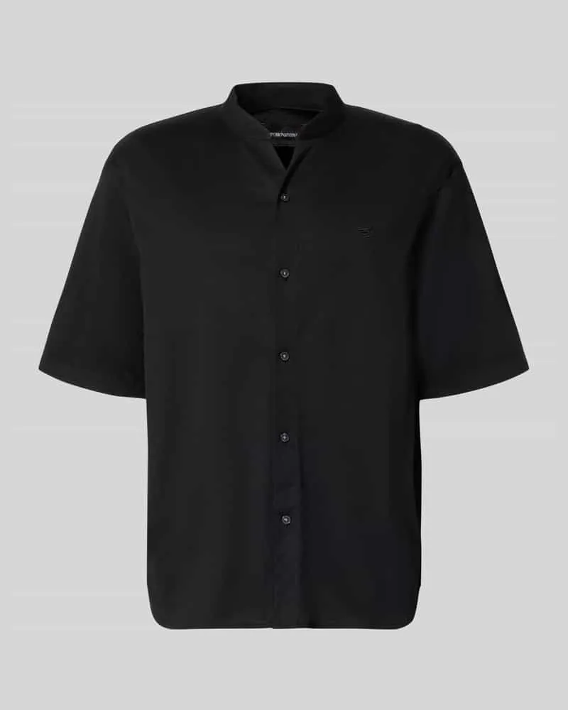 Emporio Armani Regular Fit Freizeithemd mit V-Ausschnitt und Label-Stitching Black