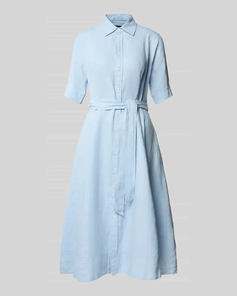 Ralph Lauren Tailliertes Hemdblusenkleid aus reinem Leinen Hellblau