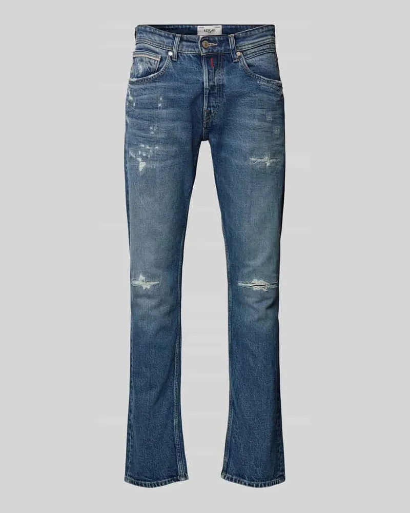 Replay Straight Fit Jeans im Destroyed-Look Modell 'GROVER Jeansblau