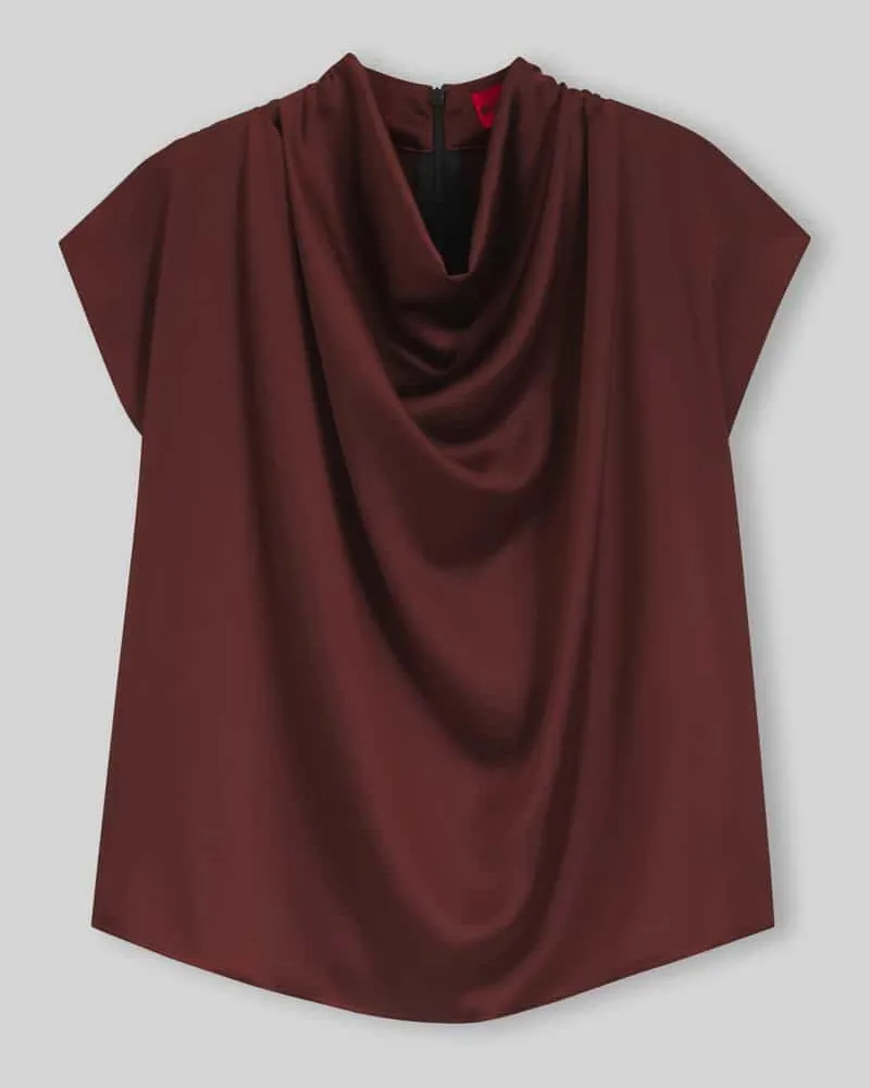 HUGO BOSS Regular Fit Kurzarmbluse mit Wasserfallkragen Modell 'Casmena-1 Mittelbraun