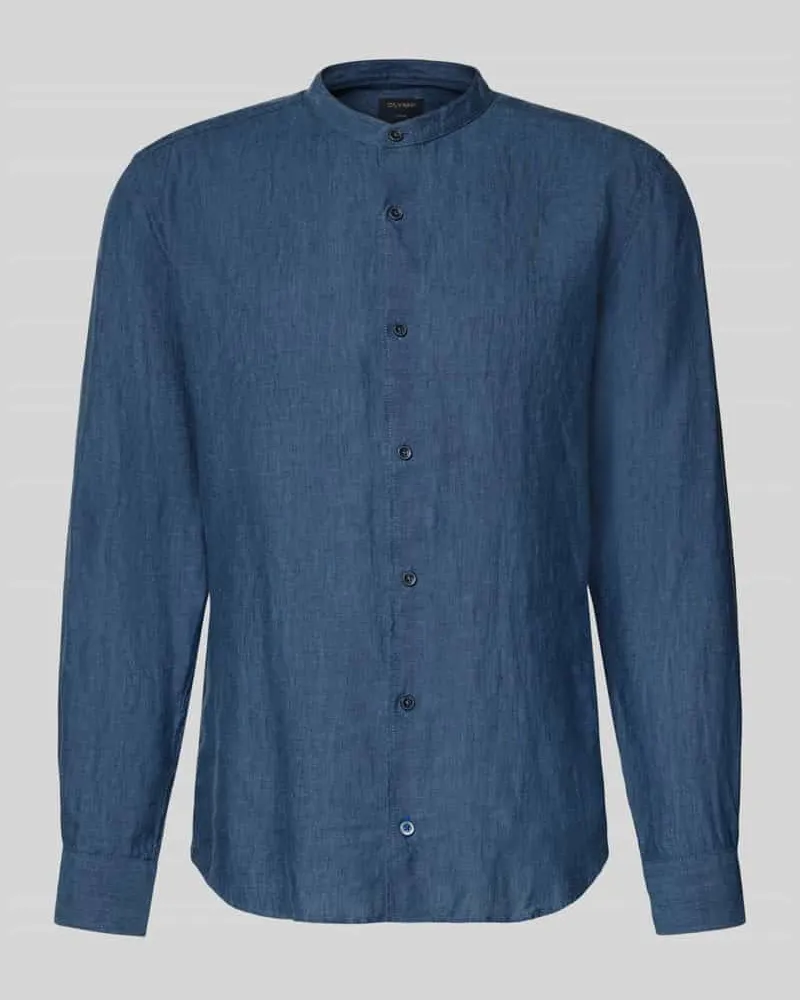 Olymp Slim Fit Leinenhemd aus reinen Leinen mit Stehkragen Dunkelblau