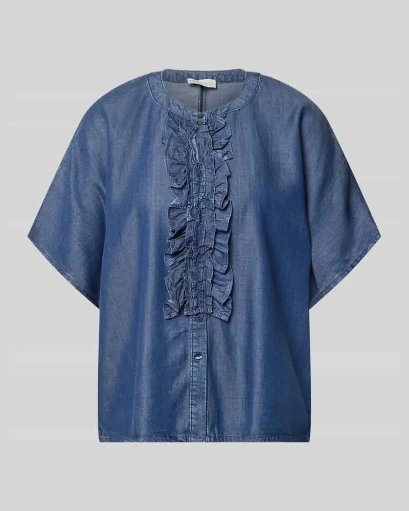 Milano Italy Relaxed Fit Bluse in Denim-Optik mit Rüschen Marine
