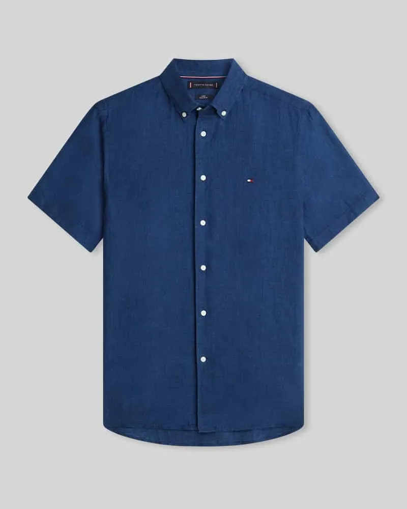 Tommy Hilfiger Regular Fit Kurzarmhemd aus reinem Leinen Dunkelblau