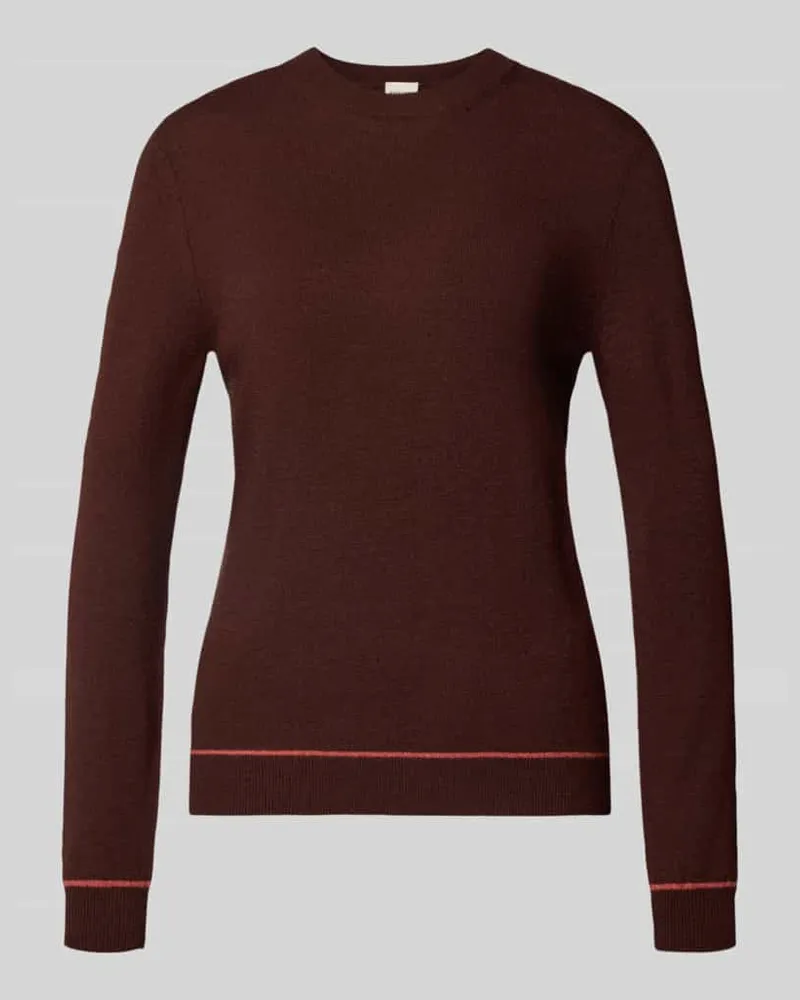 Stefanel Regular Fit Strickpullover aus reiner Lanawolle mit Rippbündchen Dunkelbraun