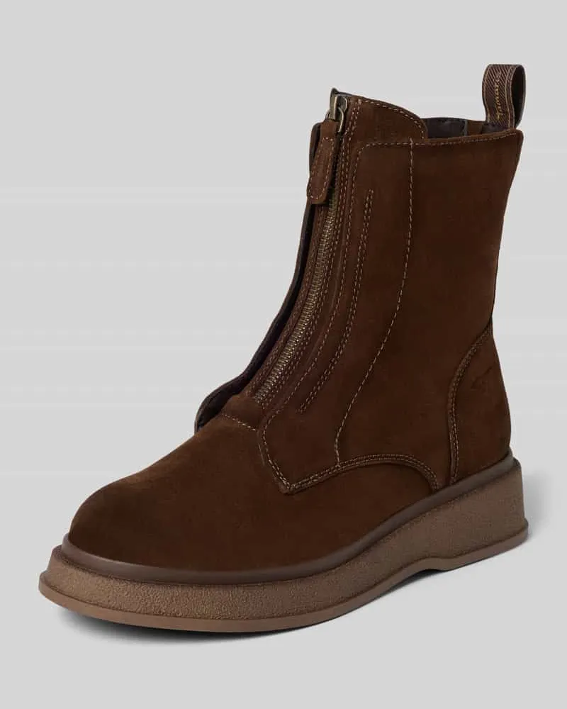 Tamaris Boots mit Frontreißverschluss aus Rindsvelours Mittelbraun