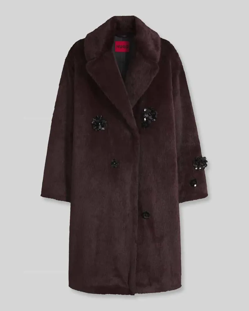 HUGO BOSS Oversized Mantel aus Polyester in Kunstfelloptik mit Pailletten-Details Bordeaux