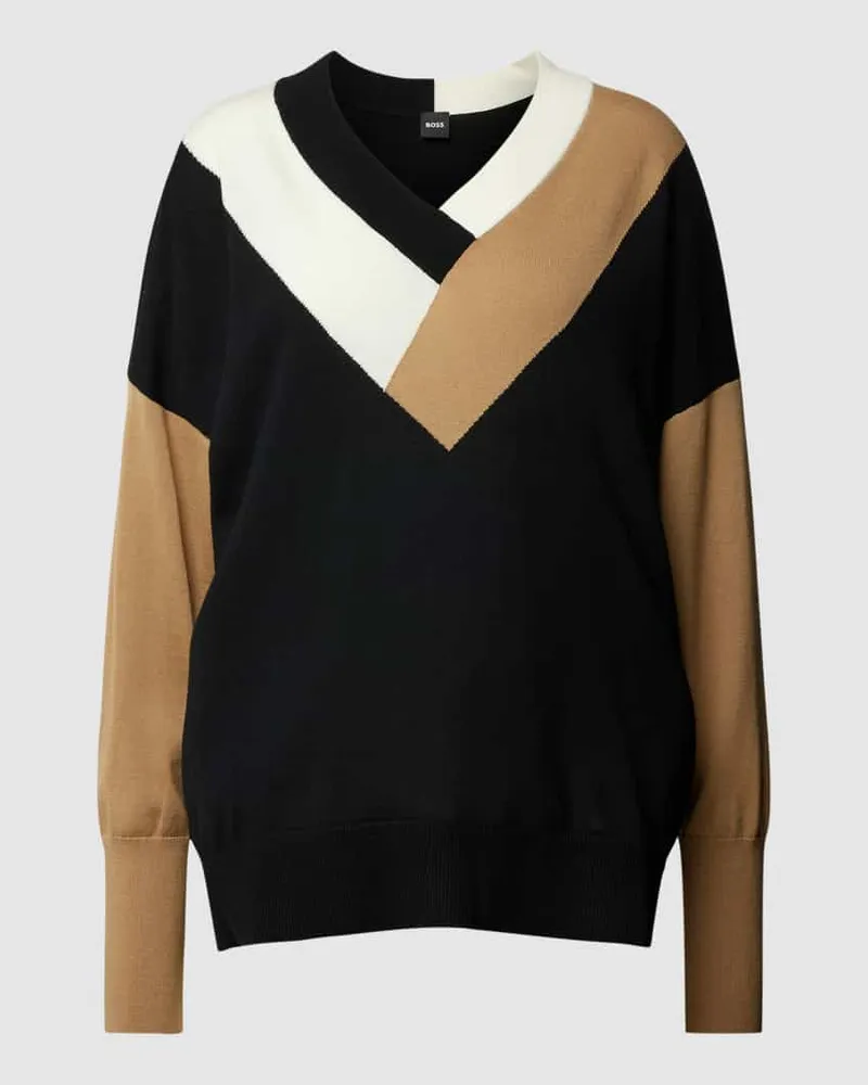 HUGO BOSS Pullover mit Color-Blocking-Design und V-Ausschnitt Camel