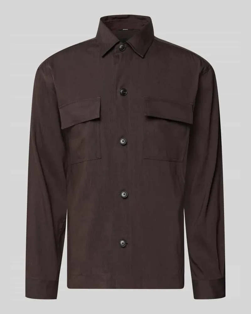 HUGO BOSS Regular Fit Overshirt aus Leinen-Mix Dunkelbraun