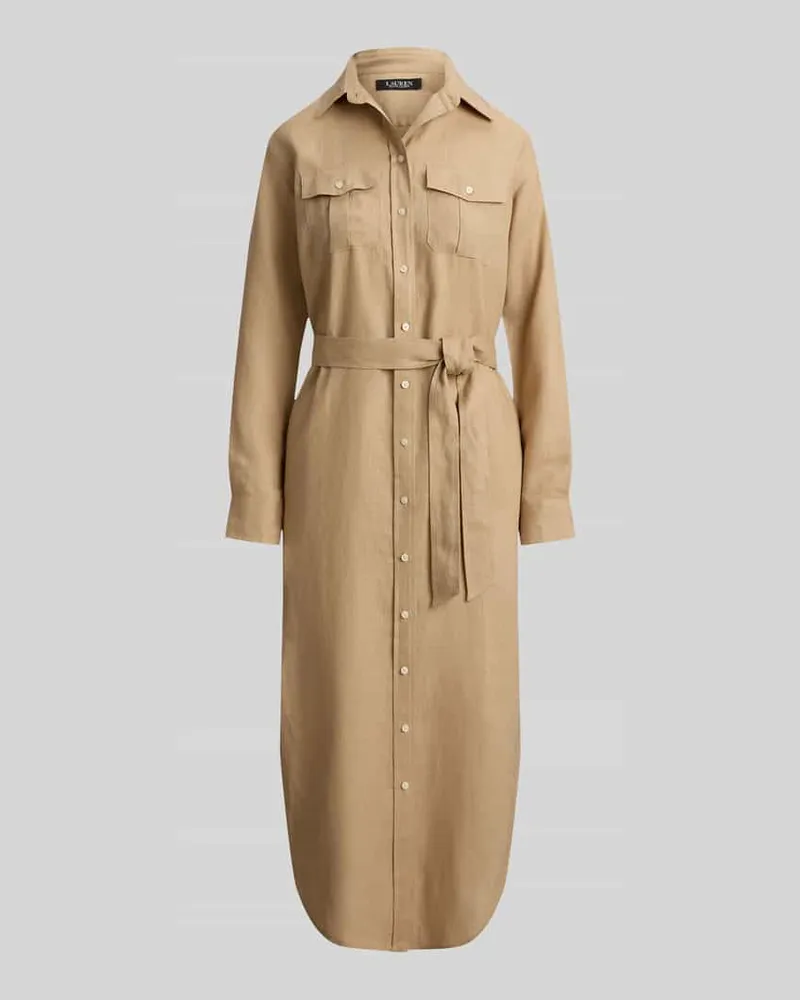 Ralph Lauren Schmales Midi Hemdblusenkleid aus reinem Leinen Beige