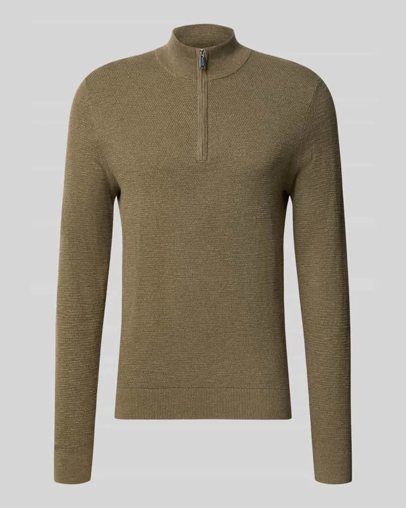 Profuomo Slim Fit Strickpullover aus Baumwoll-Mix mit Troyer-Kragen Dunkelgruen