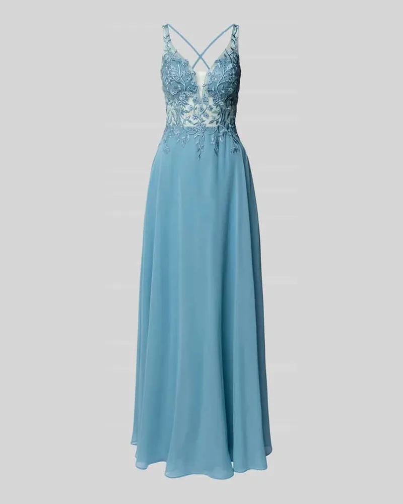 LUXUAR Abendkleid mit Spitze und Strasssteinbesatz Rauchblau
