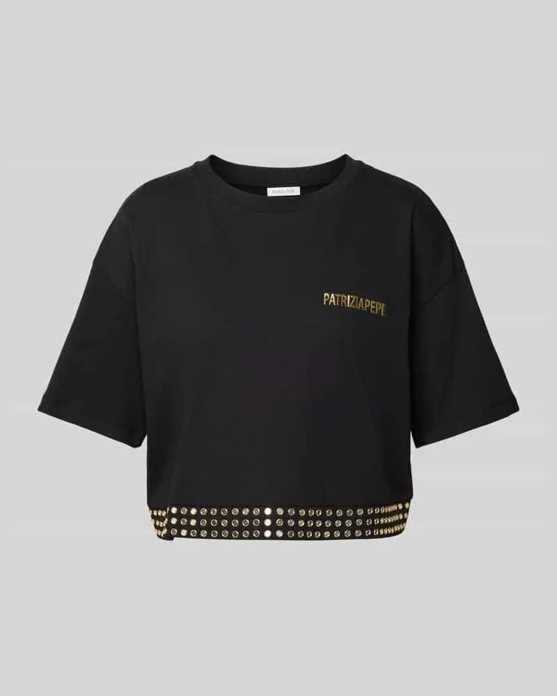 Patrizia Pepe Cropped T-Shirt mit Label-Print und Nieten Black
