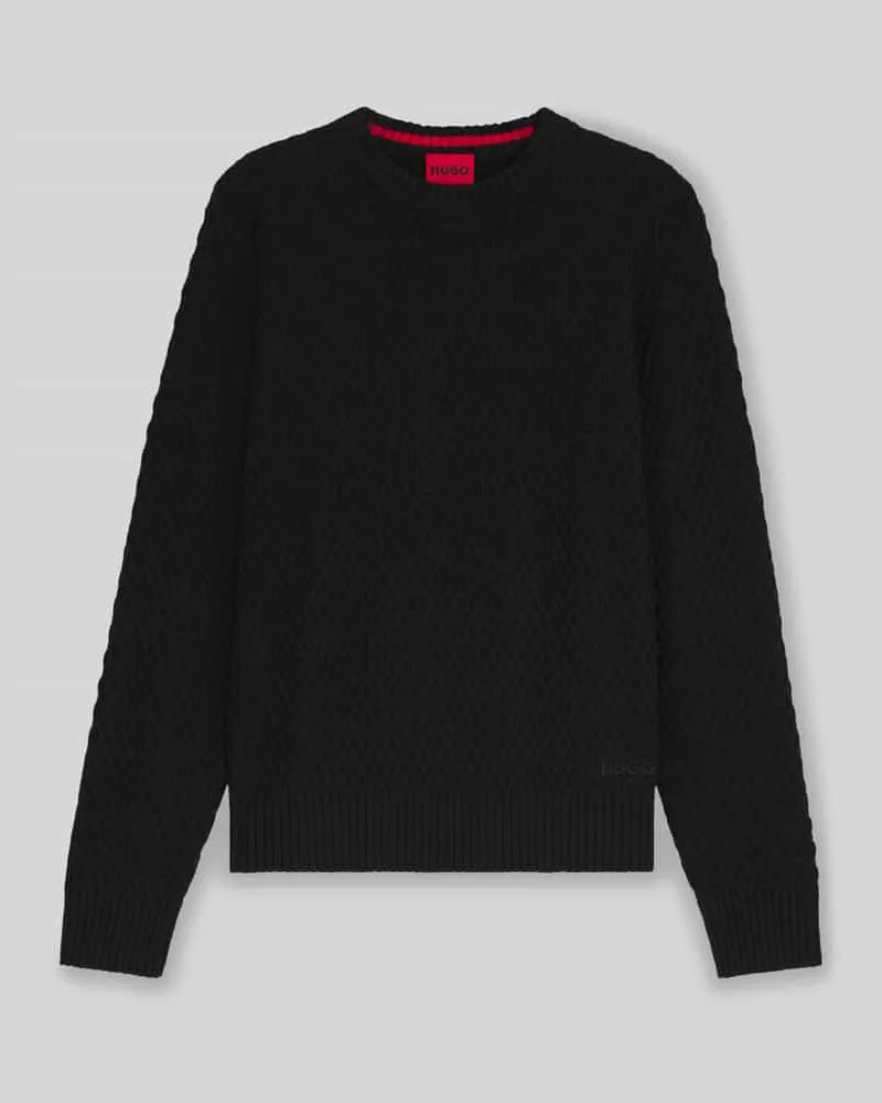HUGO BOSS Regular Fit Strickpullover mit 3D-Strukturmuster Modell 'SYER Black