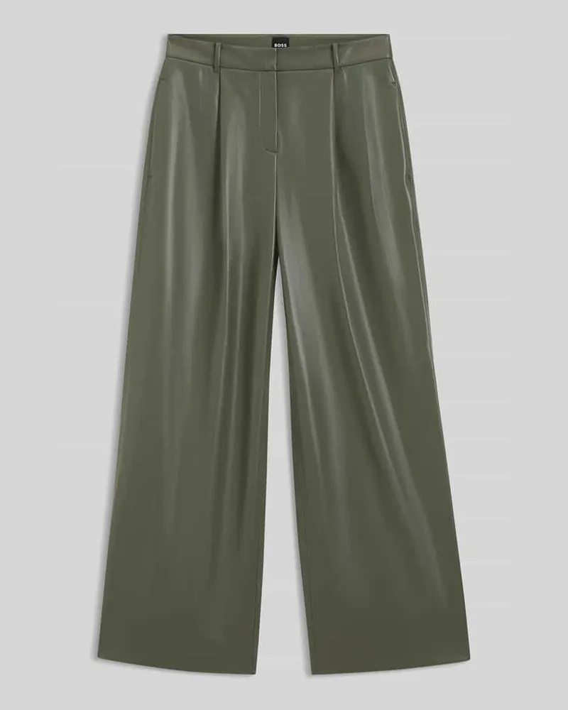 HUGO BOSS Wide Leg Hose aus Kunstleder mit Bundfalten Oliv