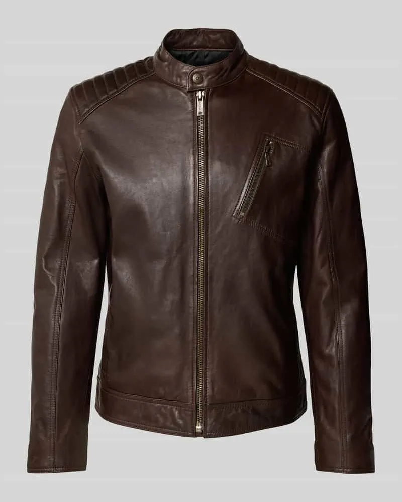 Strellson Regular Fit Lederjacke aus Lammnappa Modell 'PIERS Dunkelbraun