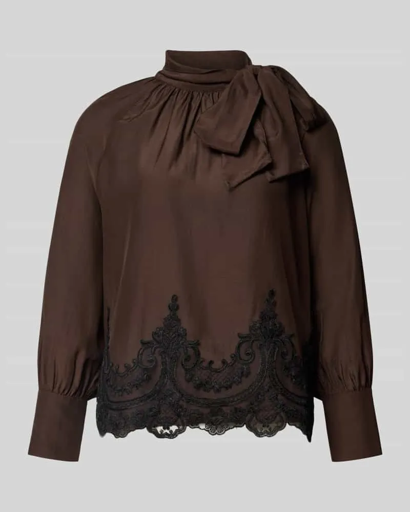 More & More Regular Fit Schluppenbluse mit Spitzenbesatz Dunkelbraun