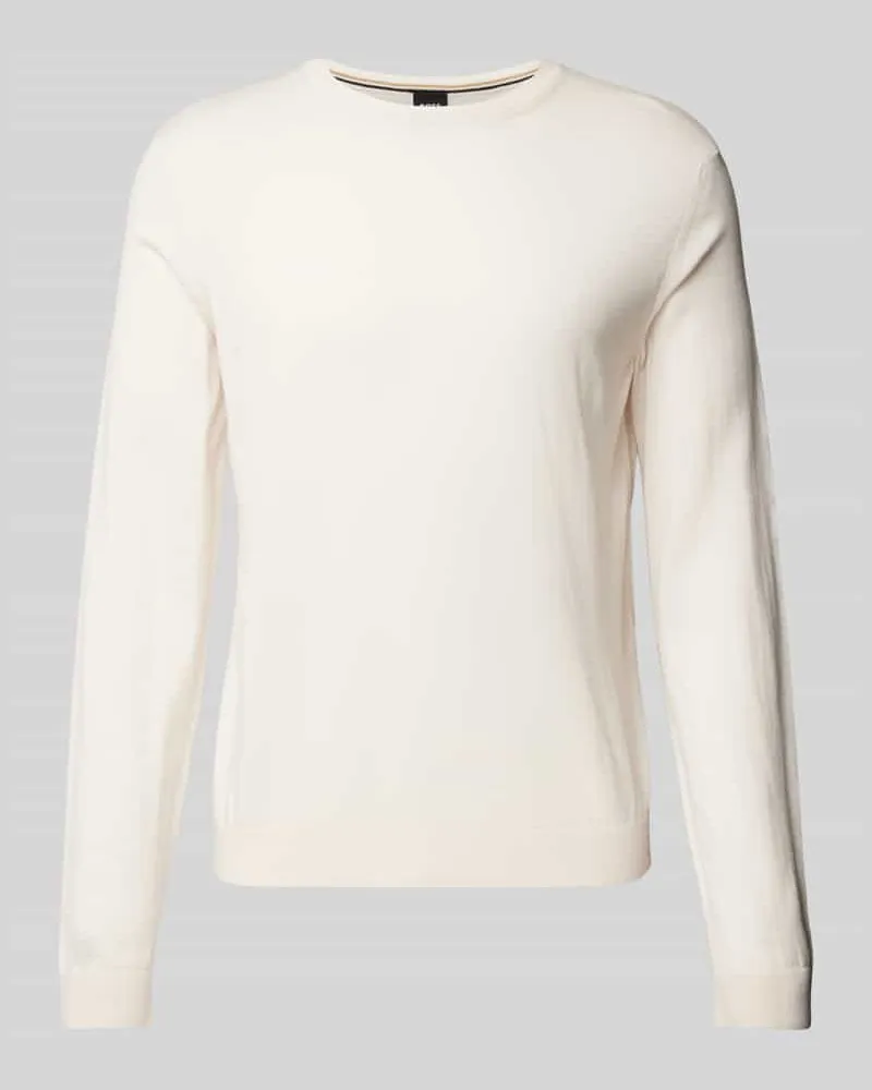 HUGO BOSS Wollpullover aus Schurwolle mit Label-Detail Modell 'Leno Offwhite