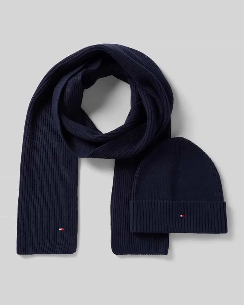 Tommy Hilfiger Mütze und Schal im Set aus Baumwoll-Kaschmir-Mix mit Geschenkbox Marine