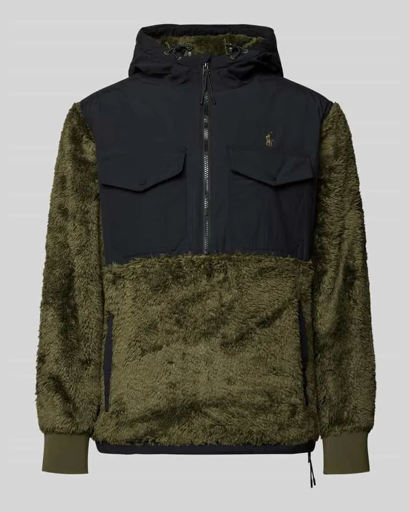 Ralph Lauren Fleecepullover mit Kapuze und Brusttaschen Modell 'CURLY Oliv