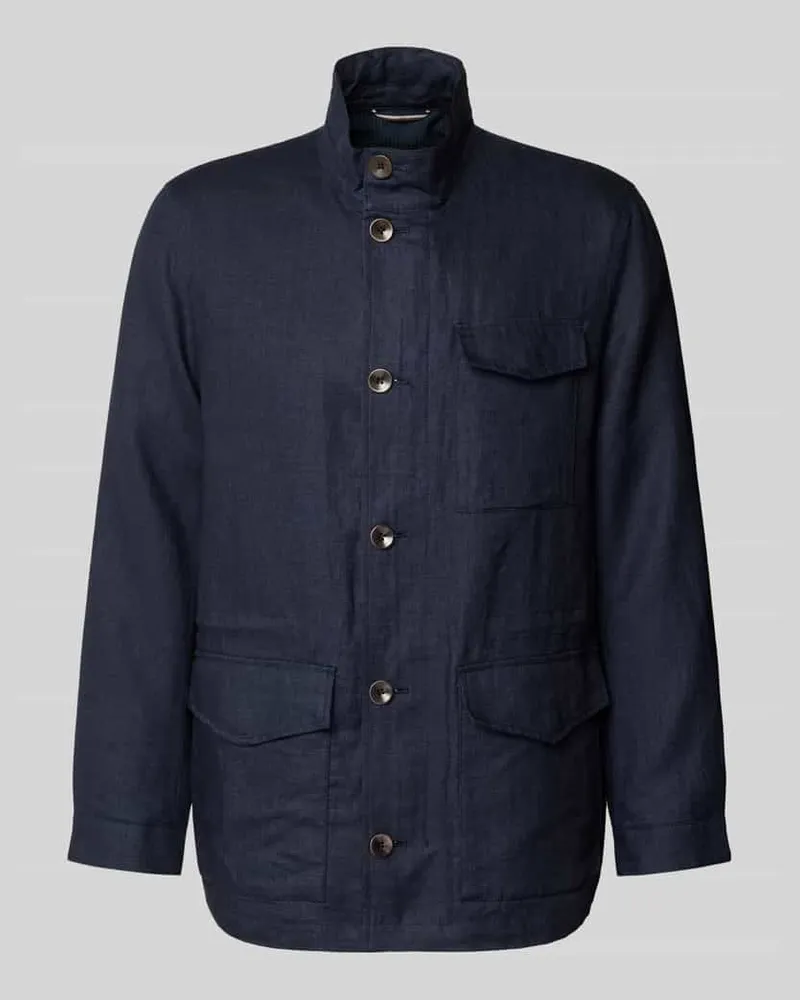 Bugatti Leinenjacke mit Stehkragen und Pattentaschen Marine