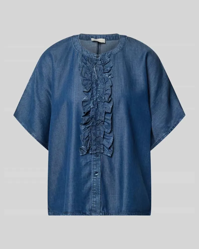 Milano Italy Relaxed Fit Bluse in Denim-Optik mit Rüschen Marine
