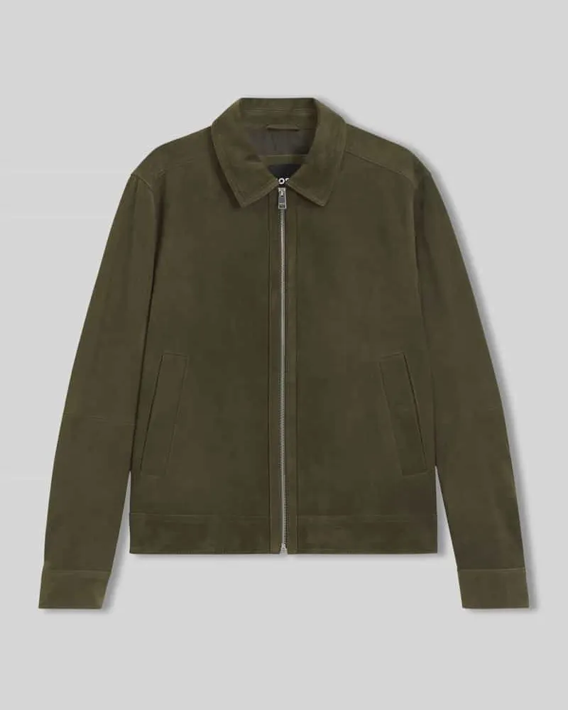 HUGO BOSS Regular Fit Lederjacke aus echtem Ziegelvelours Oliv