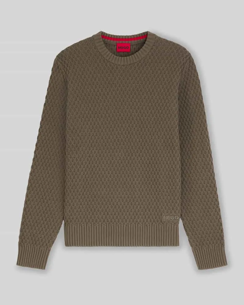 HUGO BOSS Regular Fit Strickpullover mit 3D-Strukturmuster Modell 'SYER Taupe