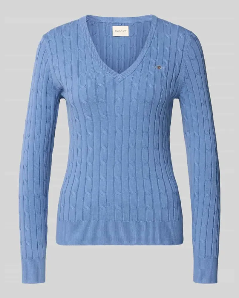 Gant Strickpullover mit Zopfmuster und Label-Stitching Hellblau