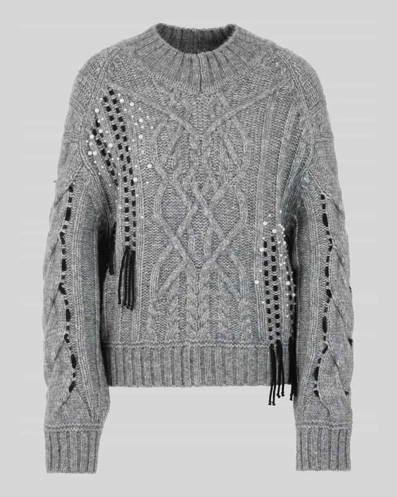 Marc Cain Pullover aus Wolle-Alpaka-Mix mit Perlenfransen Mittelgrau