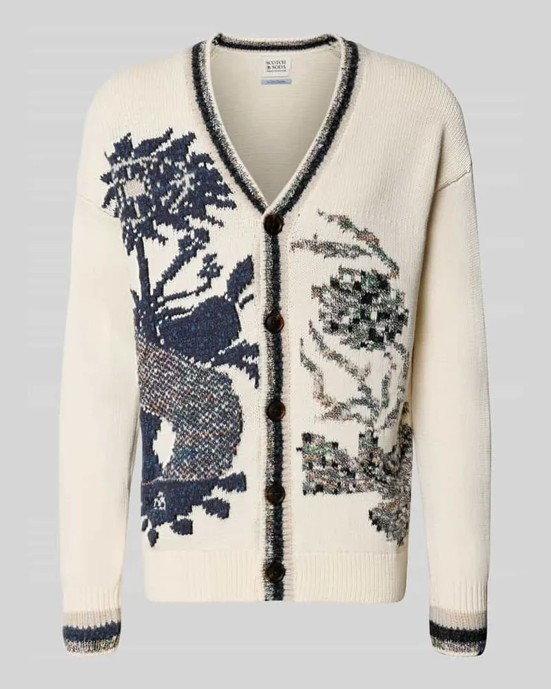 Scotch&Soda Regular Fit Strickjacke mit V-Ausschnitt Modell 'INTARSIA Offwhite