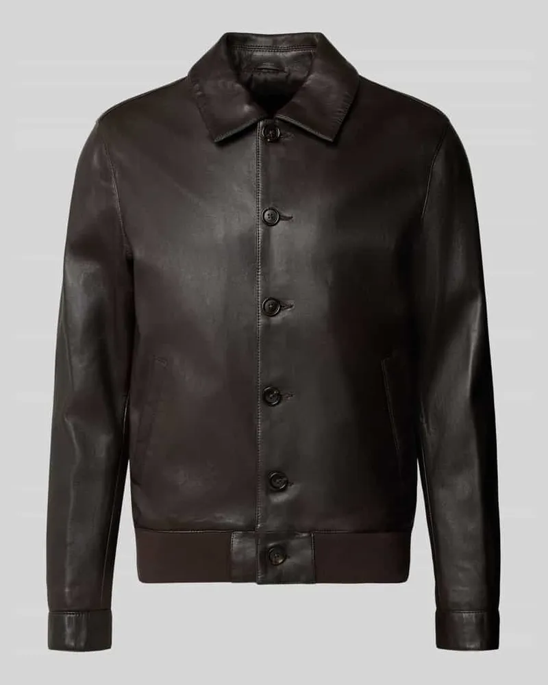 Profuomo Lederjacke mit Knopfleiste und Eingrifftaschen Dunkelbraun